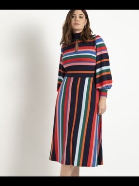 Eloquii Multicolor Striped Midi Dress with Keyhole